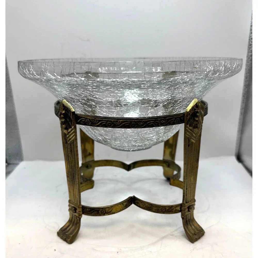 Vintage Glass Potpourri Bowl Orb  Brass  Stand Floral Decor Footed